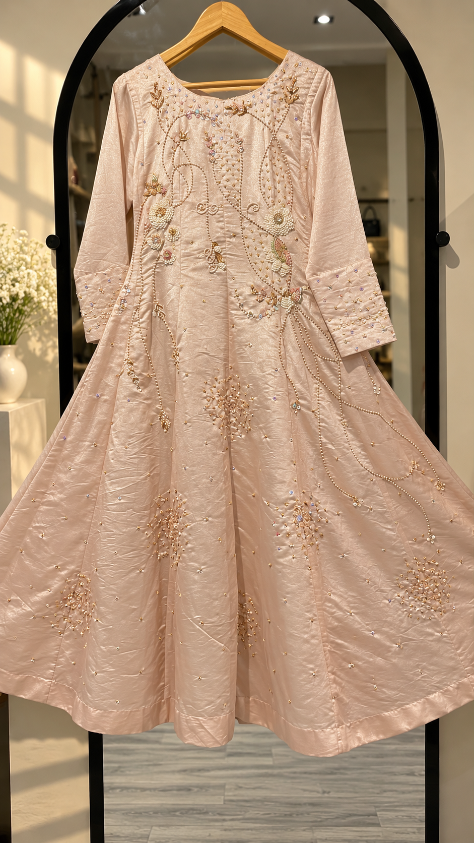 SANA NOOR blush peach embellished flared Anarkali dress full front view