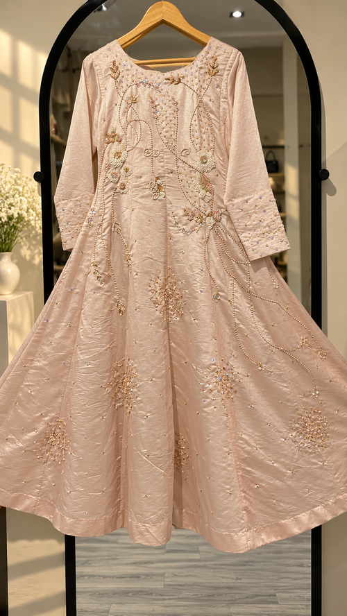 SANA NOOR blush peach embellished flared Anarkali dress full front view