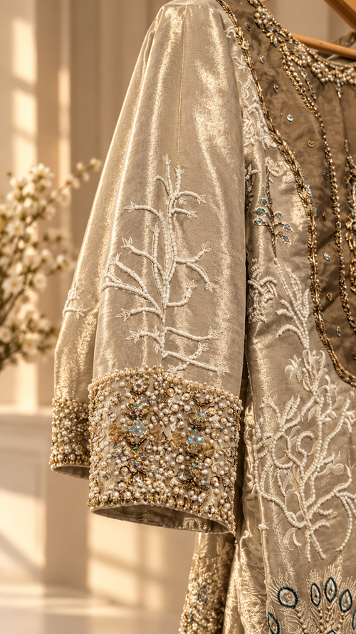 Champagne Gold Embroidered Luxury Formal Dress | Sana Noor