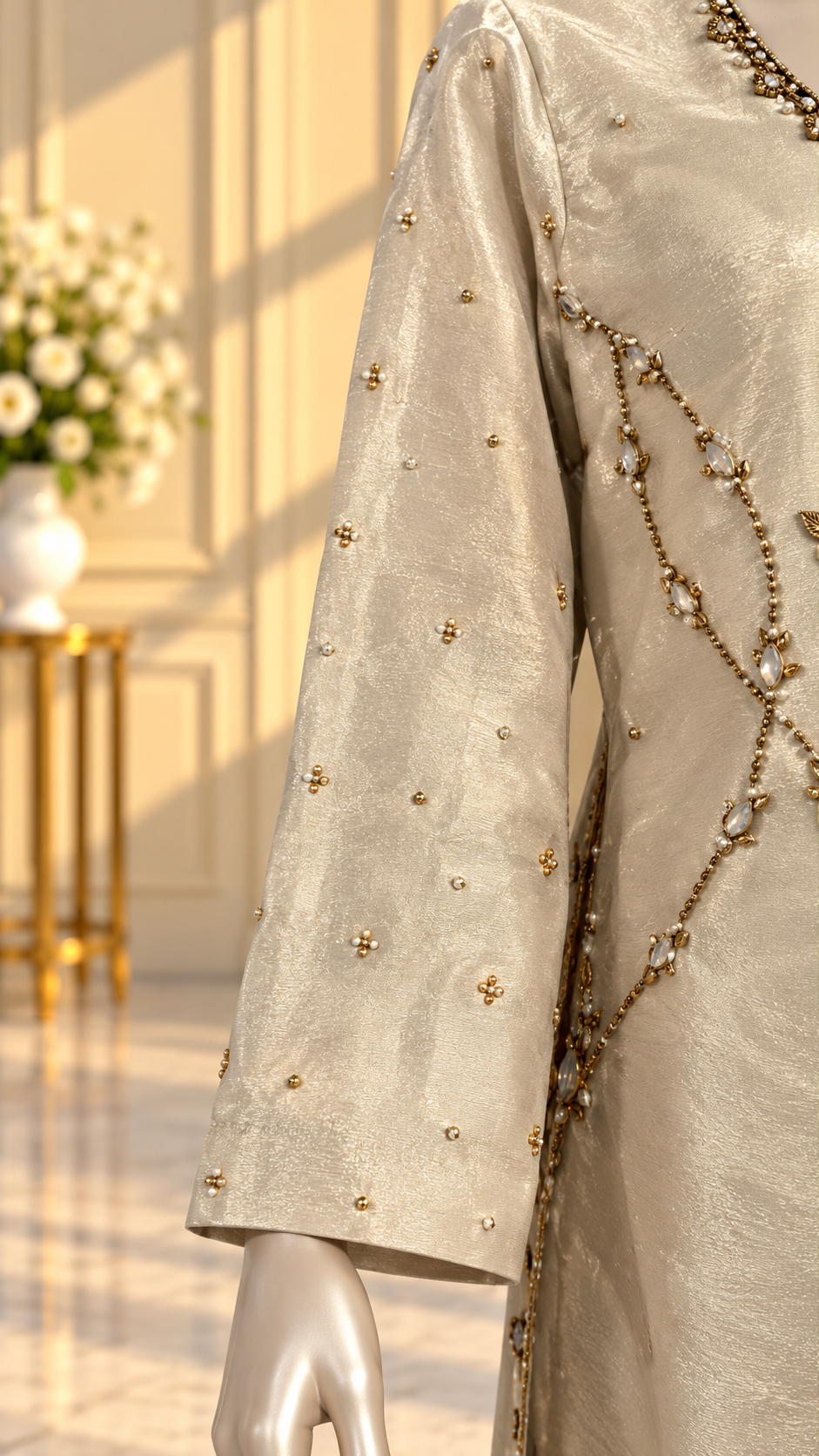Champagne ivory sleeve detailing with gold and pearl embellishments