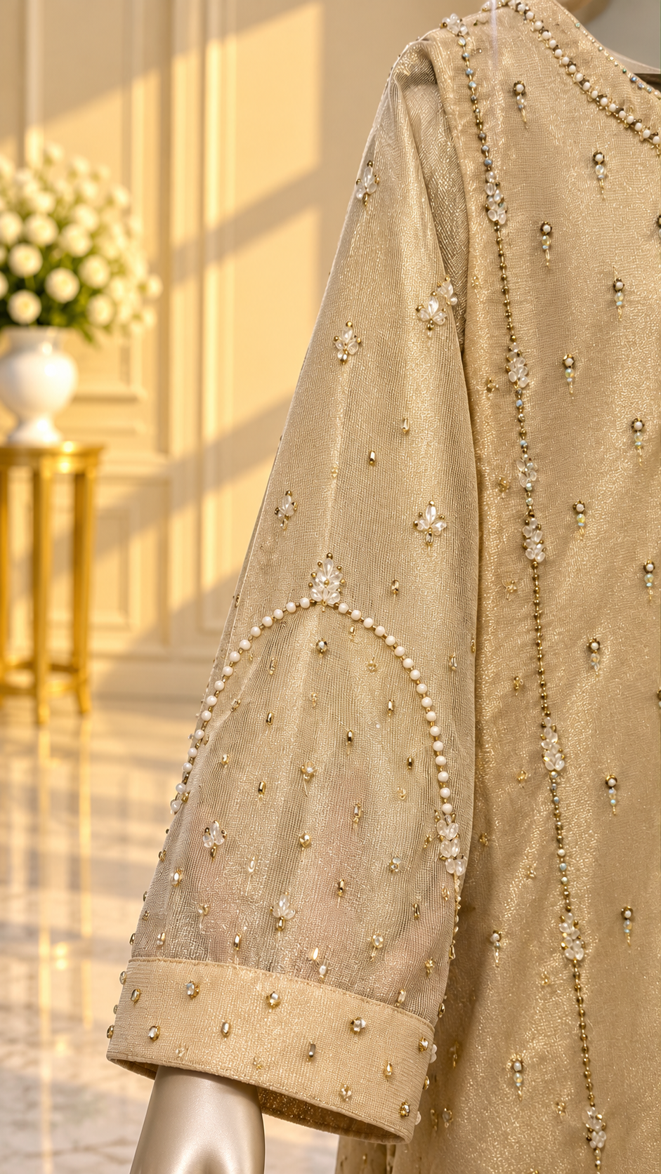 Champagne gold sleeve with pearl and gold bead detailing