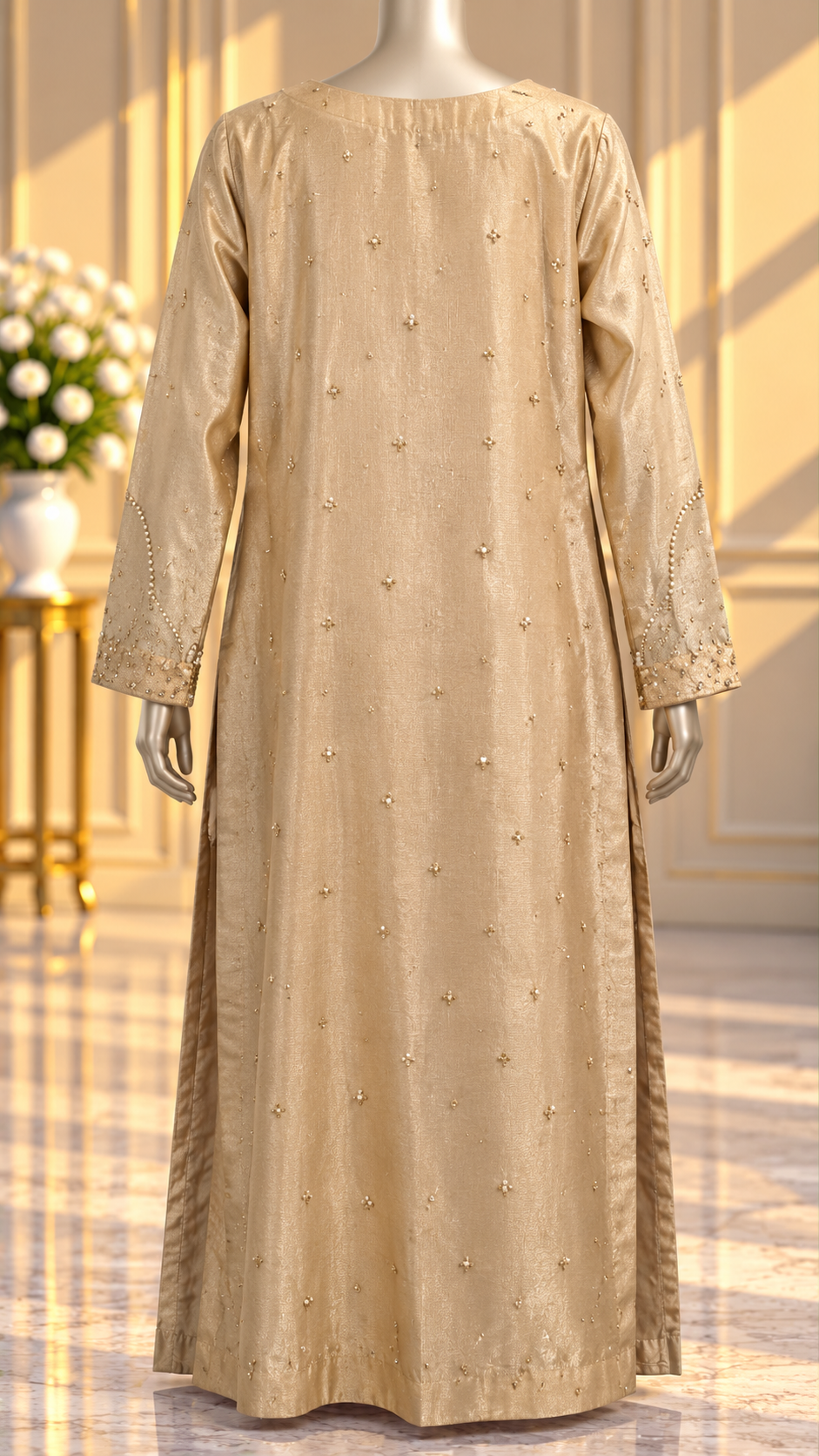 Champagne gold long formal dress back view