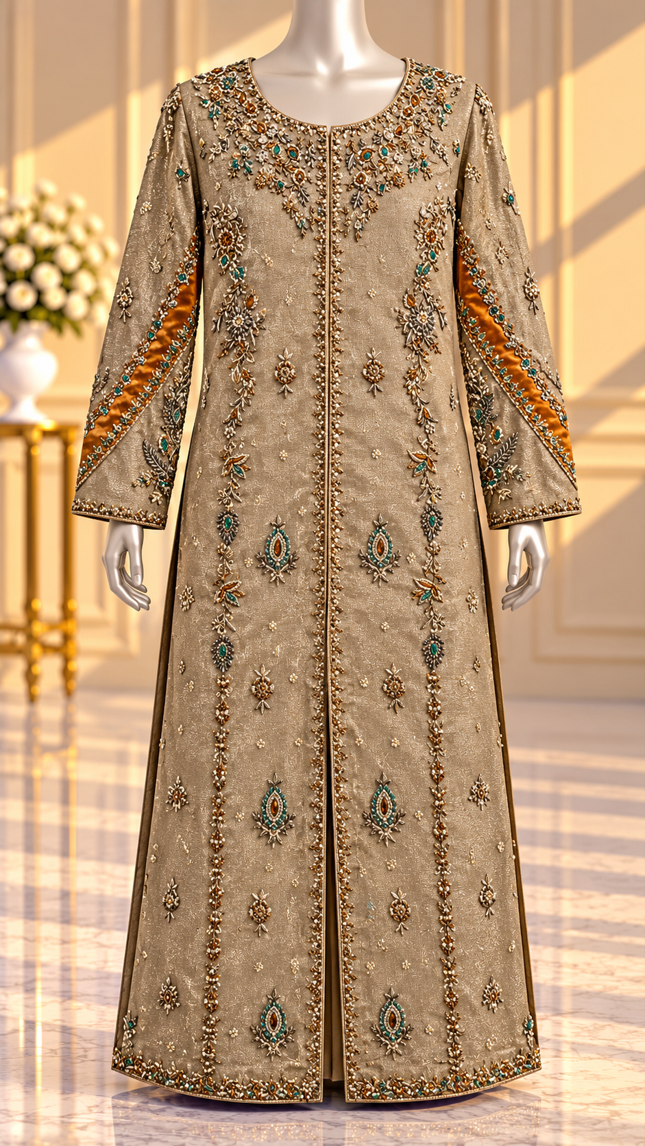 SANA NOOR taupe gold long formal dress turquoise and gold embroidery front
