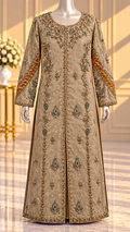 SANA NOOR taupe gold long formal dress turquoise and gold embroidery front