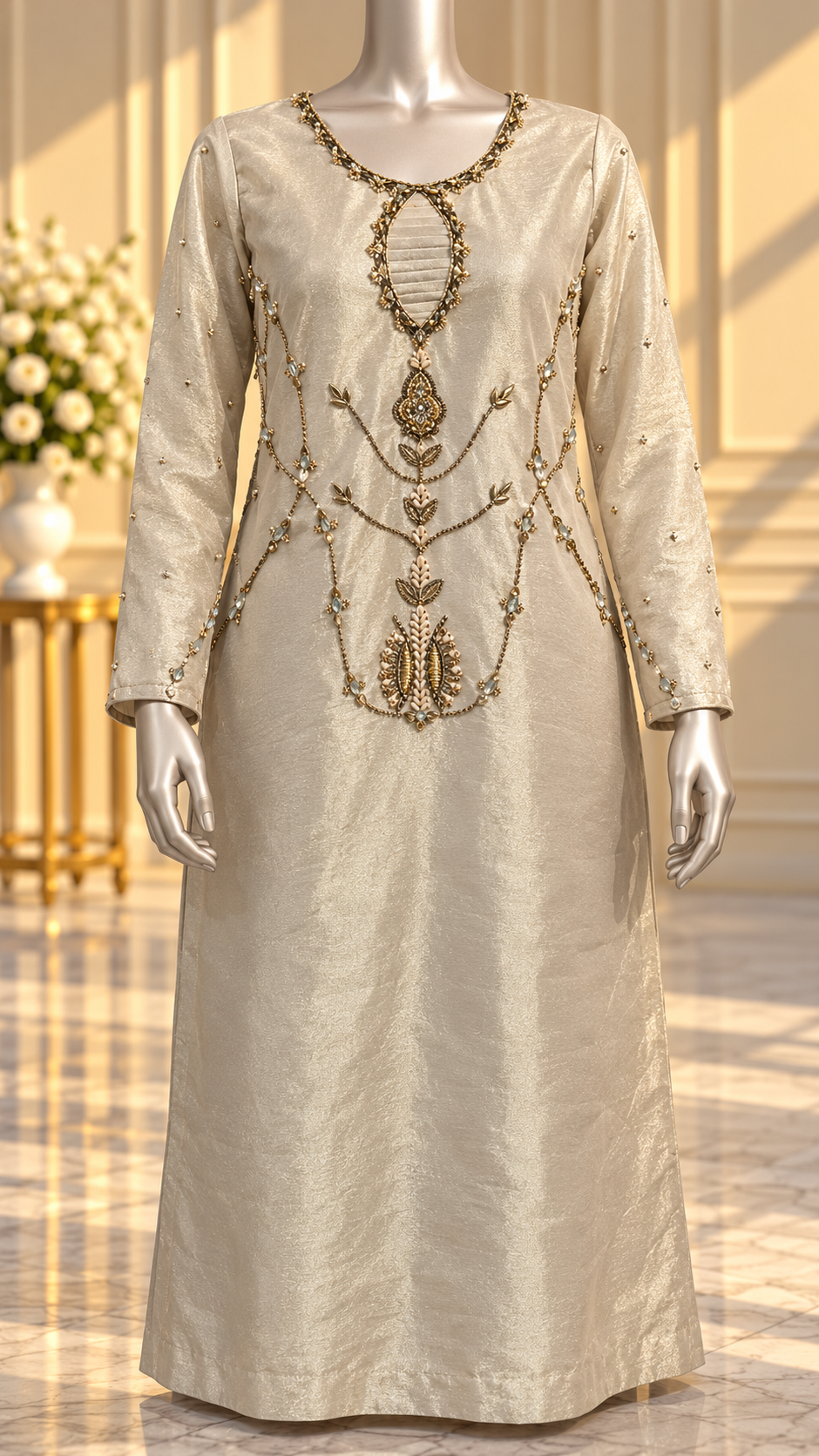 Champagne ivory gold embellished designer formal dress front