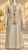Champagne ivory gold embellished designer formal dress front