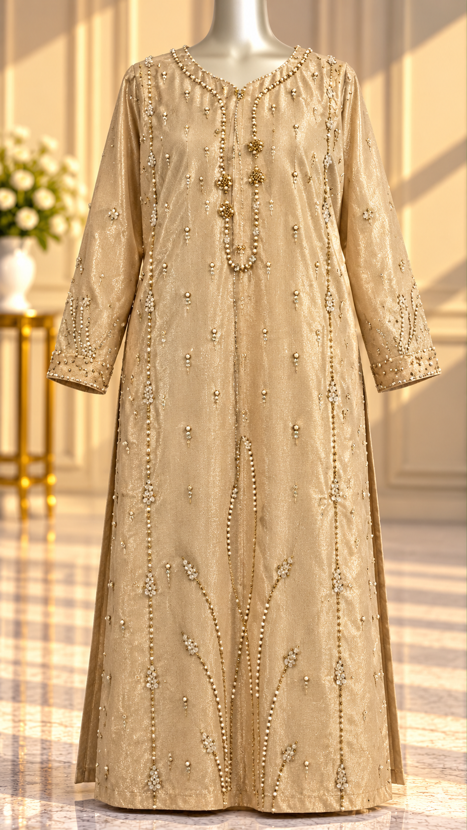 Champagne gold pearl embellished long designer formal dress front view