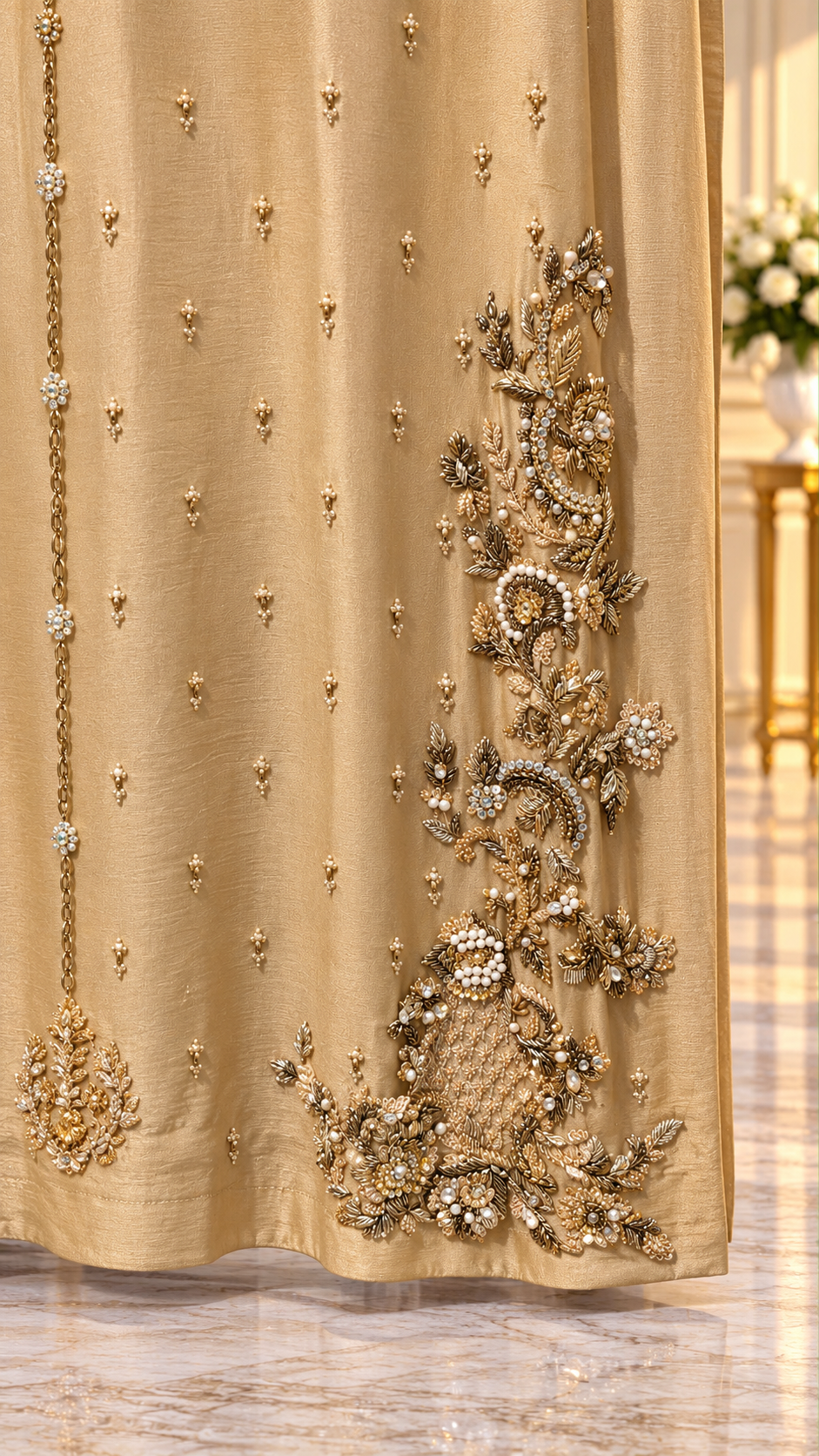 Champagne kaftan floral gold embellishment near hem detailed view