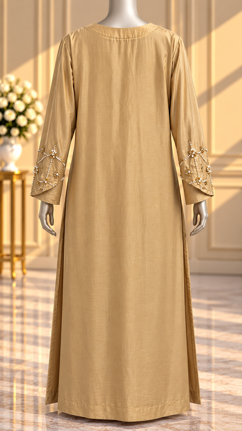 Champagne gold formal kaftan back view embroidered sleeve cuffs