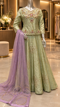 SANA NOOR sage green floral embellished peplum lehenga and lilac dupatta
