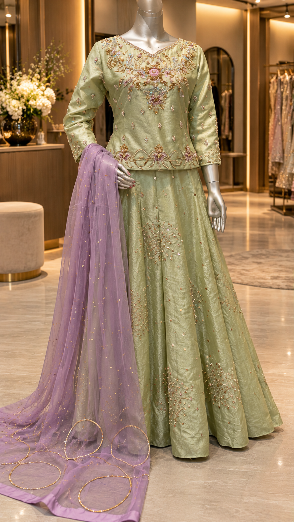 SANA NOOR sage green floral embellished peplum lehenga and lilac dupatta