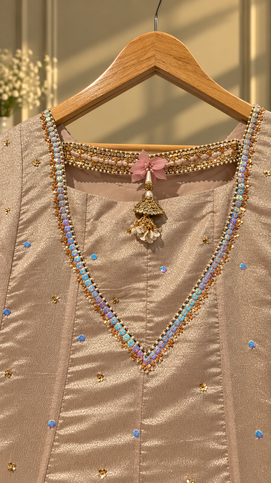 Blush peach Anarkali back neckline with pearl and colorful sequin trim