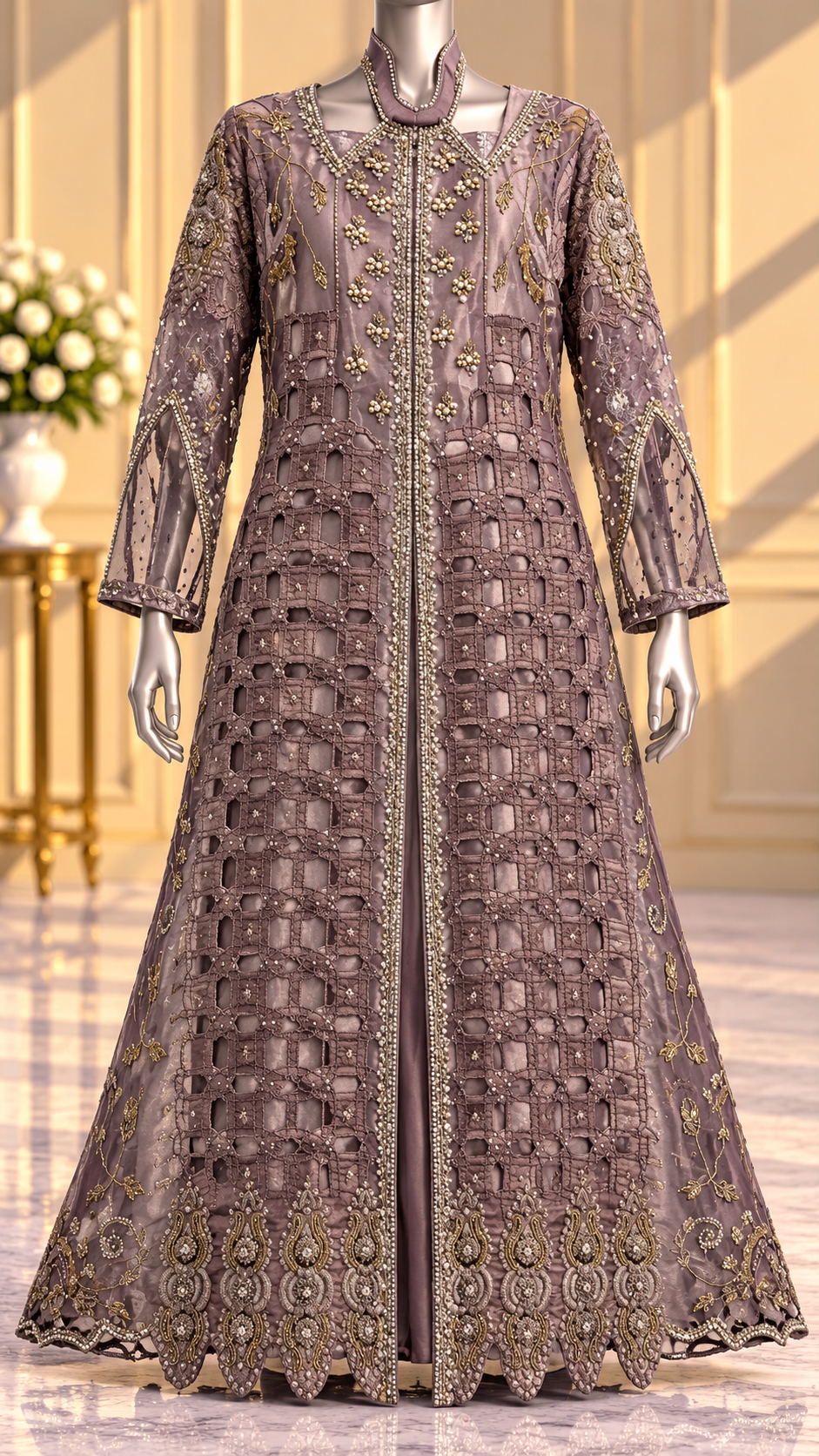 Mauve lavender luxury formal front open embroidered coat dress by SANA NOOR