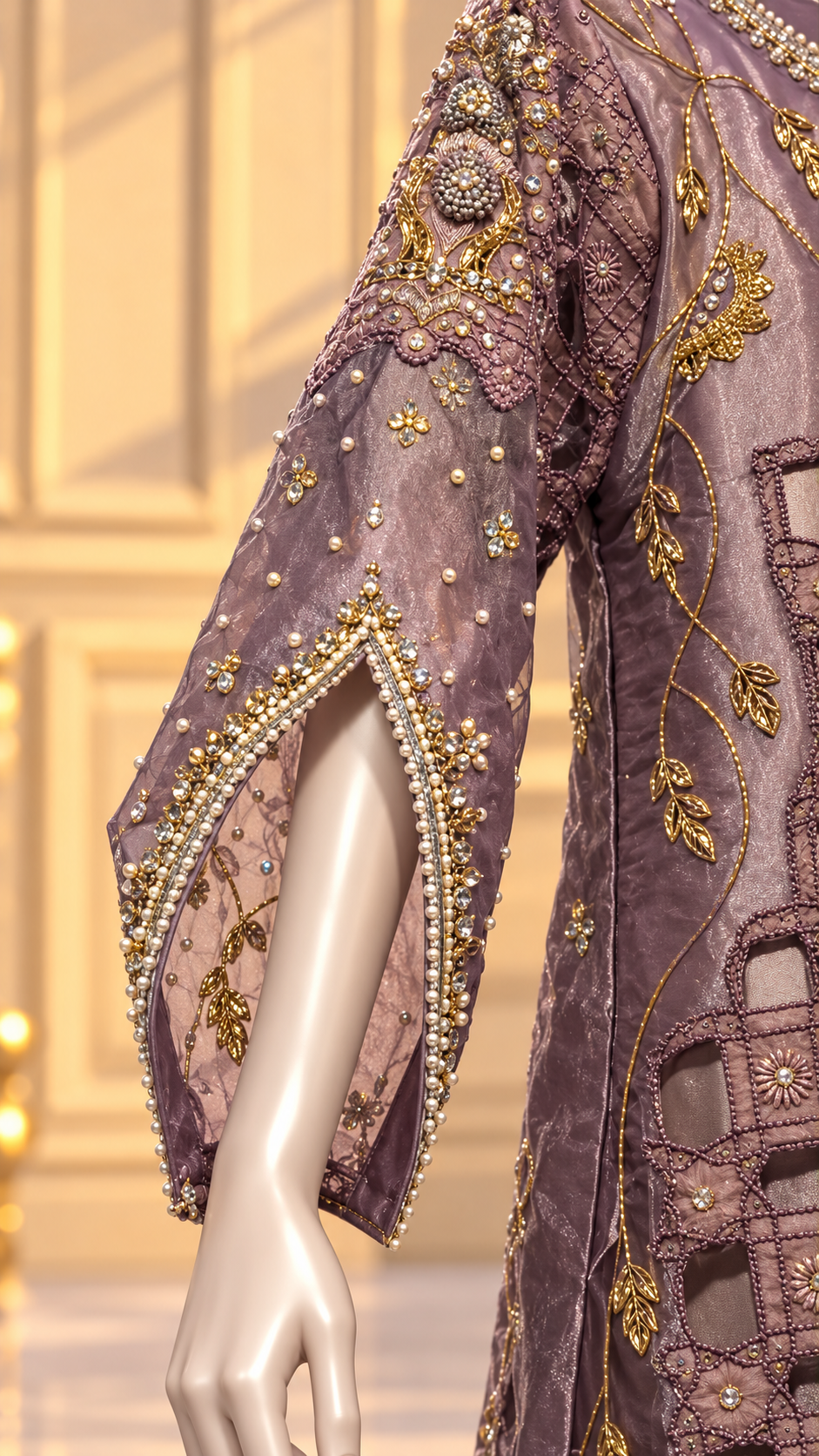 Mauve designer formal sleeve with embellished slit cuff and pearls