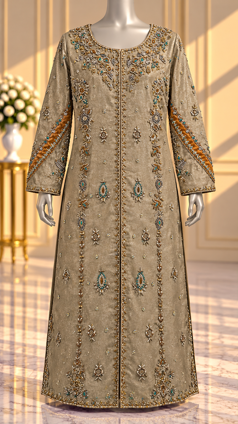 Taupe gold designer formal dress with embroidered neckline and full length panels