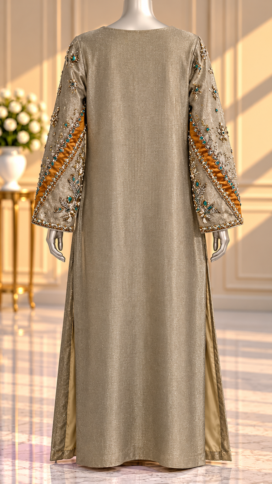 Taupe gold formal dress back view and embroidered long sleeves