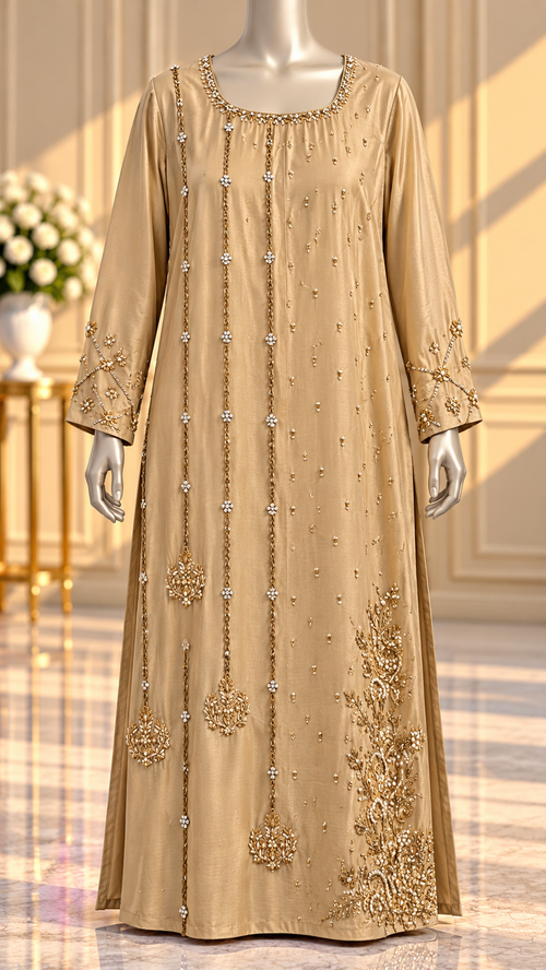 SANA NOOR golden champagne embroidered A line formal kaftan