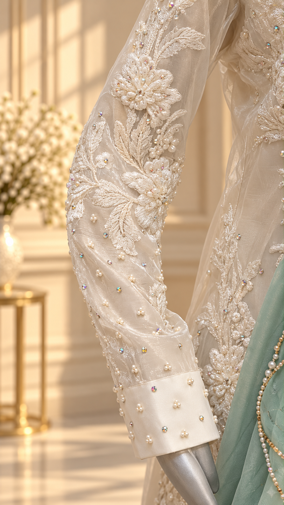 Pearl embellished floral embroidery on ivory sleeve