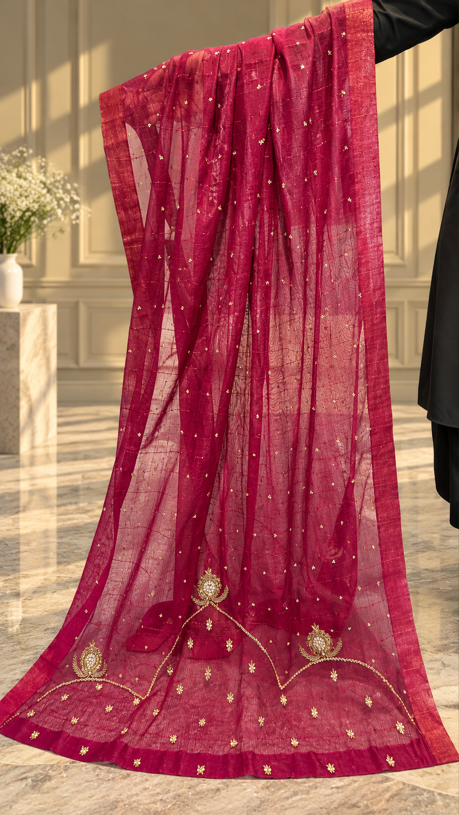 Deep magenta dupatta with gold decorative floral border