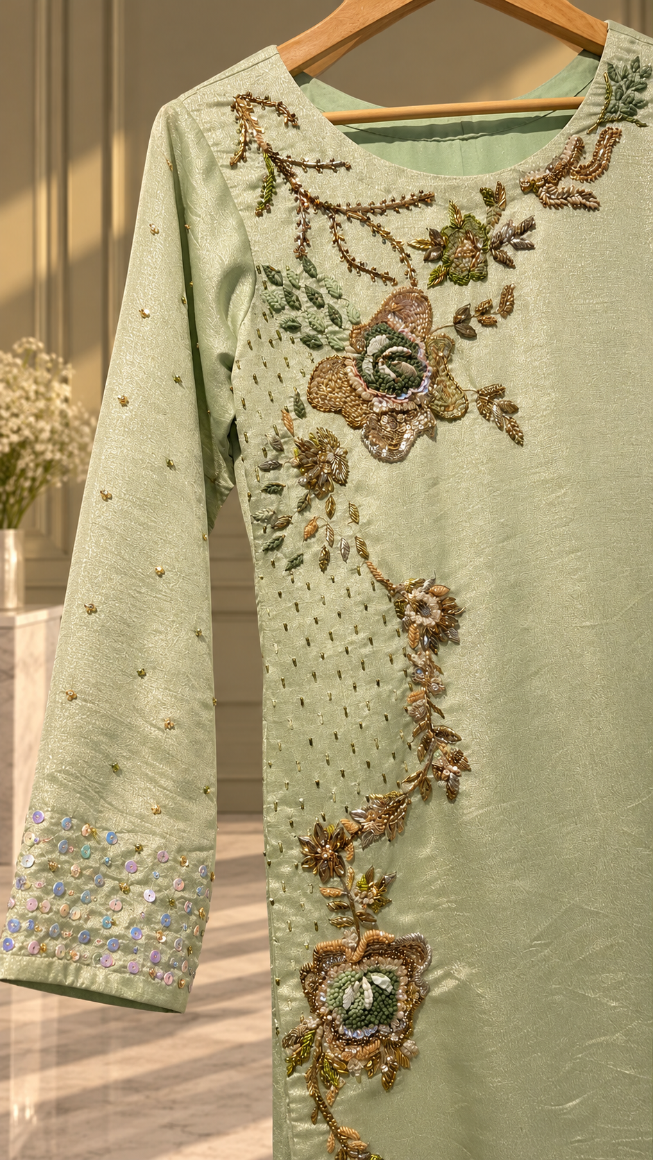 Mint sage green gold and olive floral embroidery neckline closeup