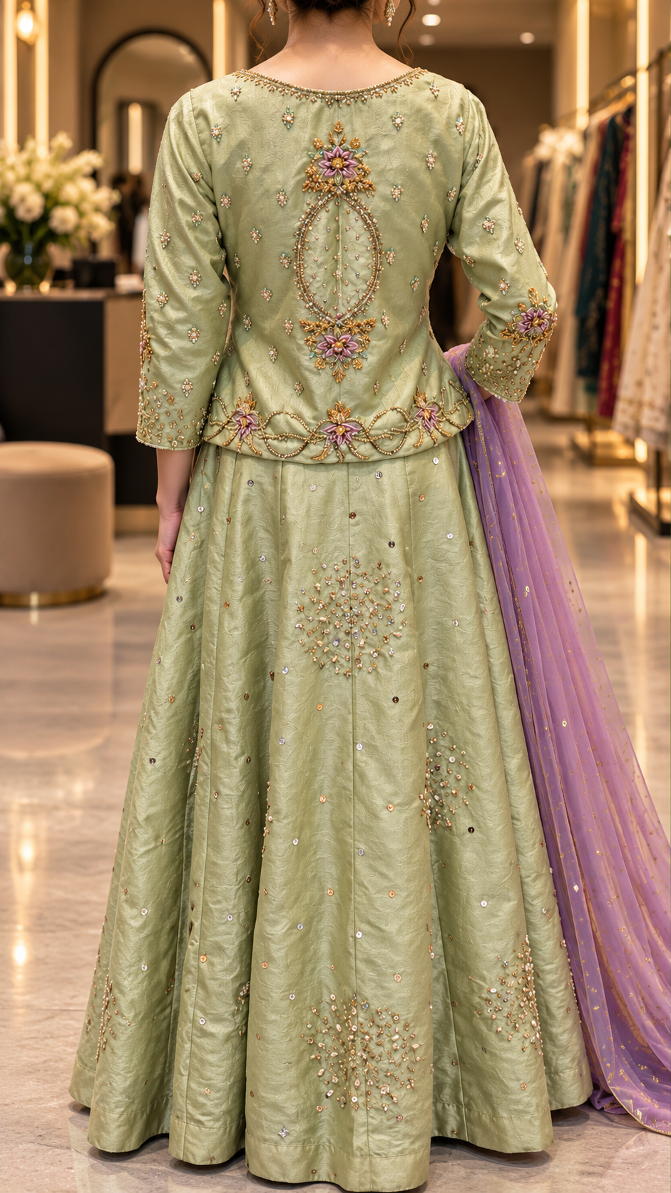 Sage green flared lehenga and embroidered back view