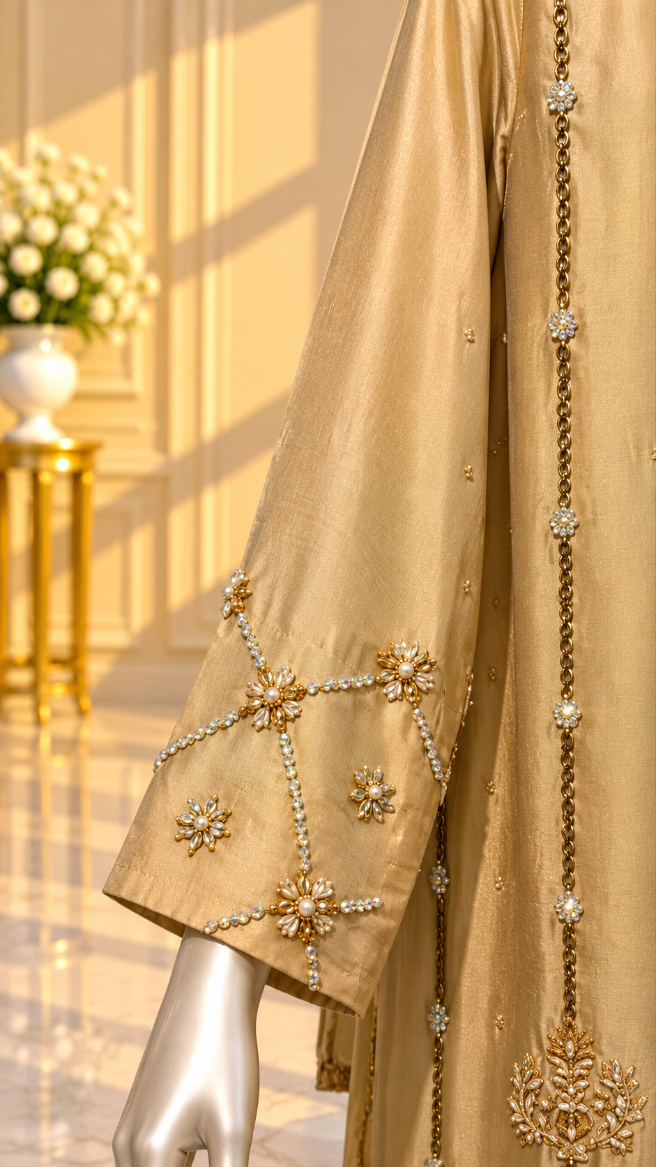 Champagne kaftan sleeve cuff gold floral and pearl-style detailing