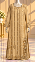 Champagne gold kaftan long dress with floral embroidery front view