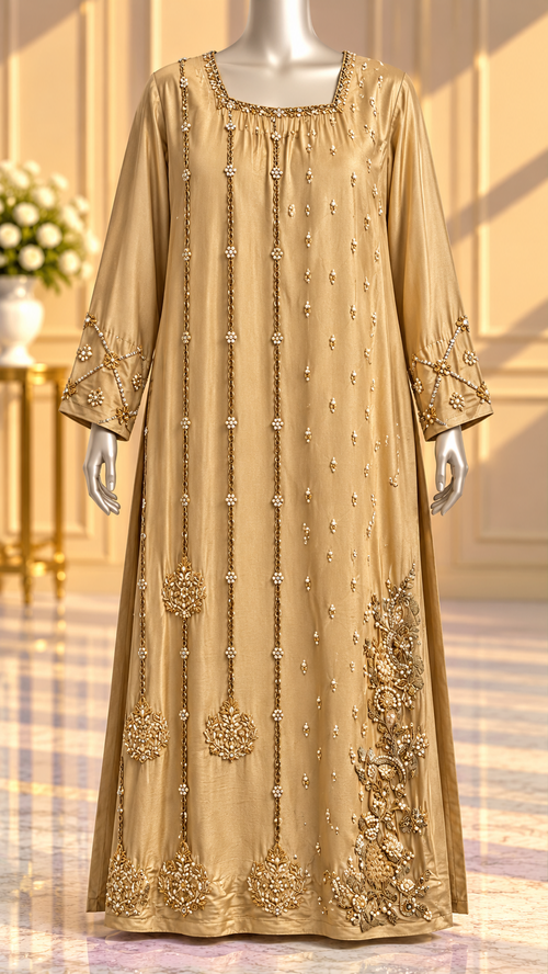 Champagne gold kaftan long dress with floral embroidery front view