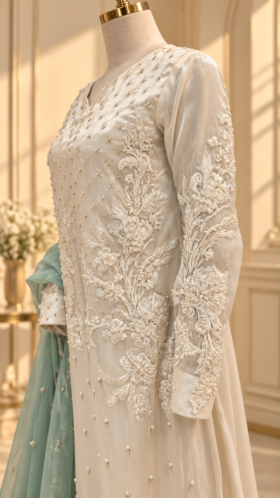 Ivory embroidered dress sleeve and bodice detail