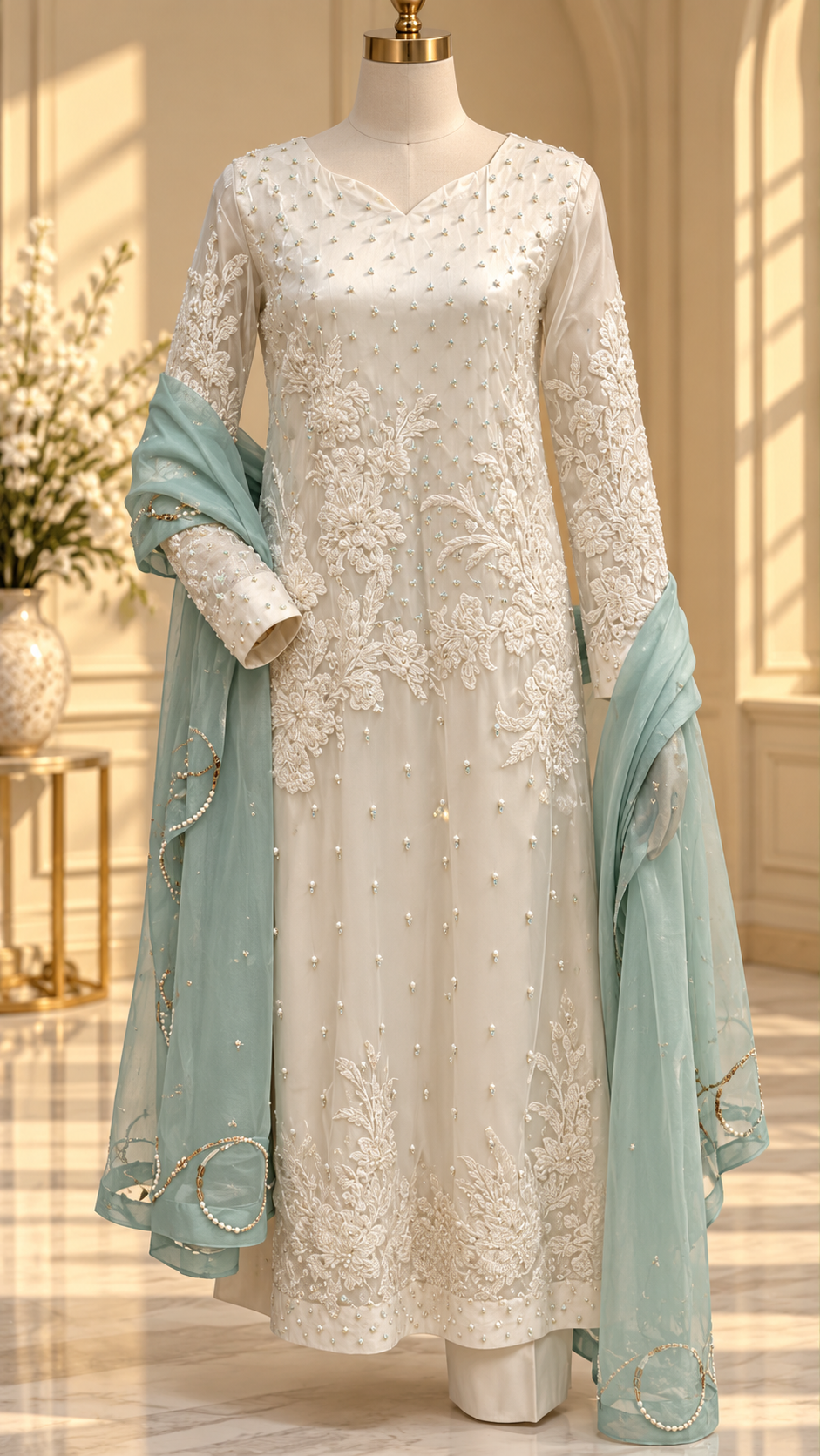 Ivory embroidered Pakistani formal dress with mint dupatta full front
