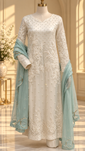 Ivory embroidered Pakistani formal dress with mint dupatta full front