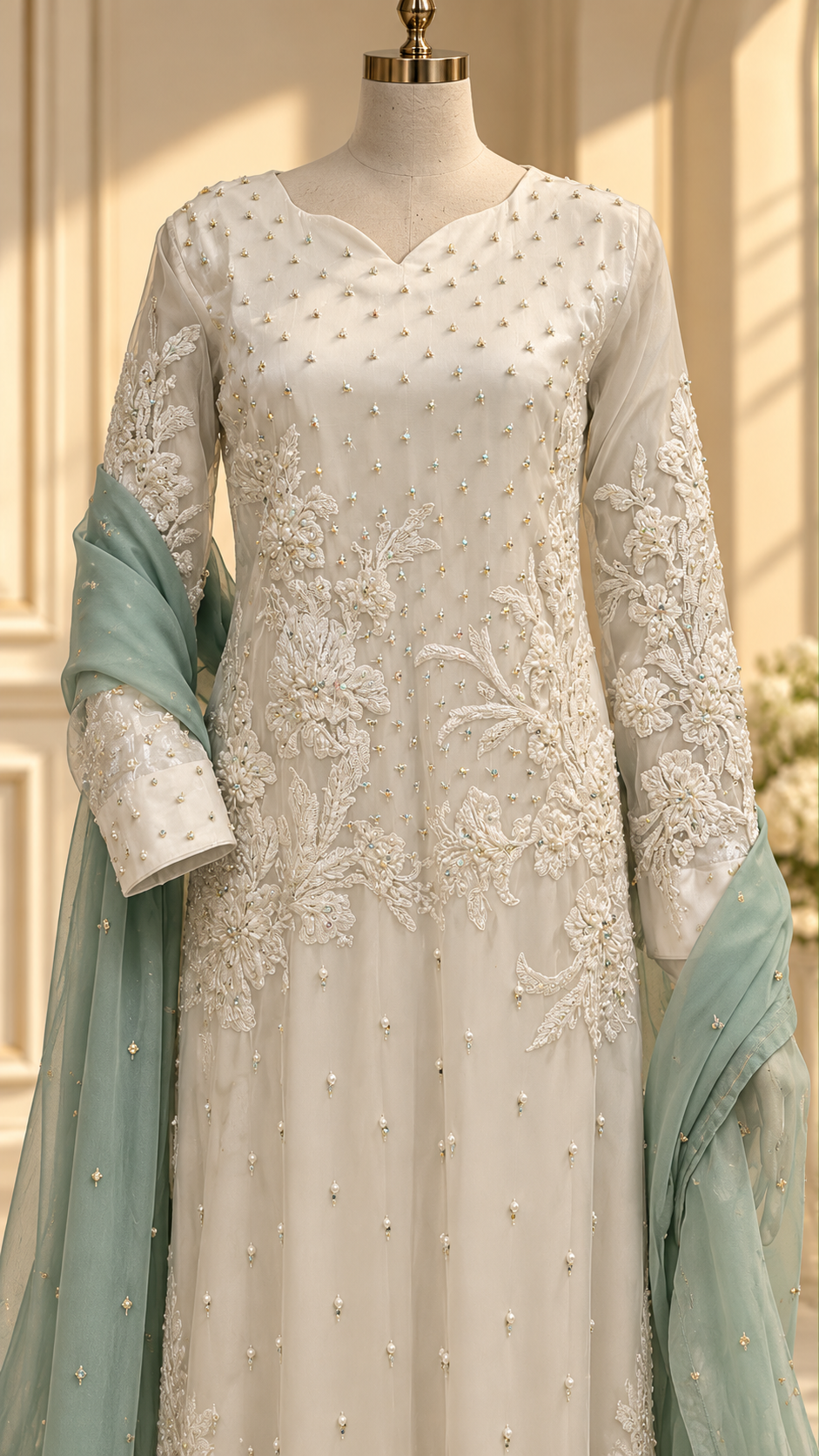 Ivory handwork style floral embroidered formal outfit