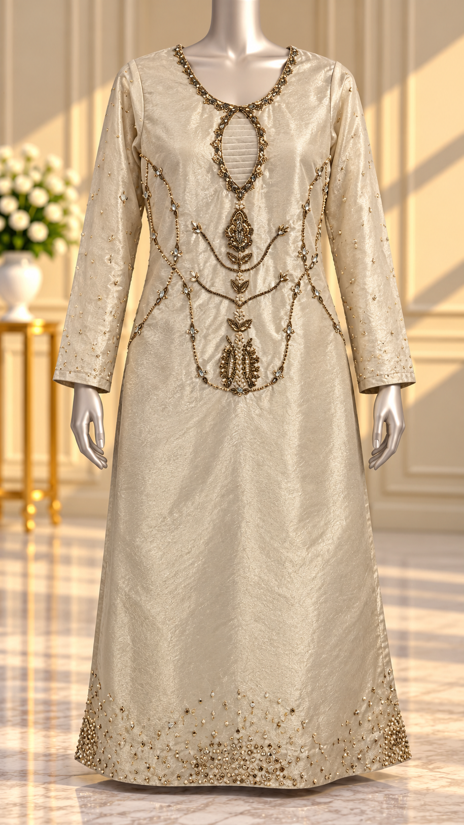 Champagne ivory long dress embellished neckline and hem