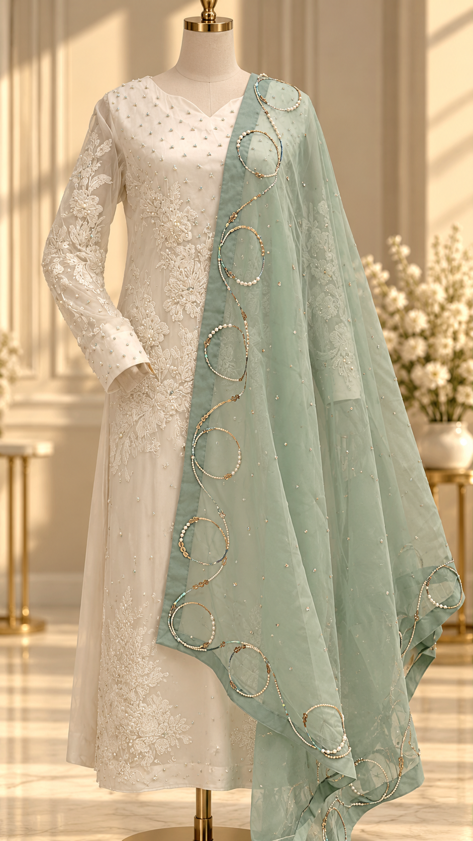 Ivory white embroidered suit and pastel mint dupatta drape