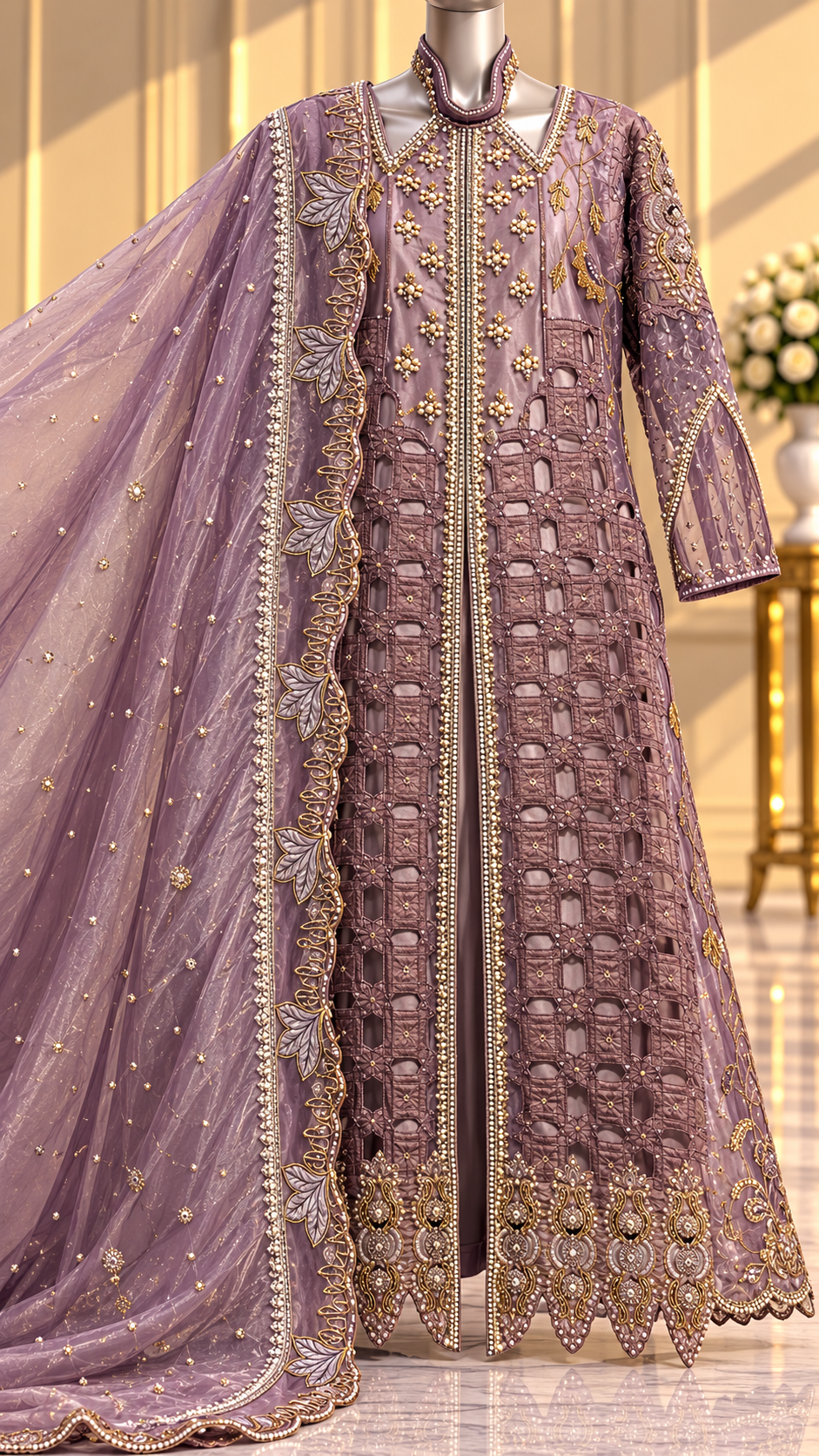 Mauve lavender bridal formal with sheer coordinating embellished dupatta