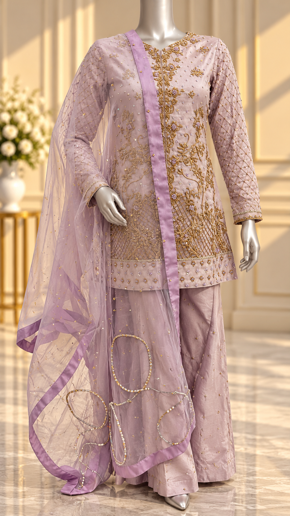 Lilac luxury formal suit with matching sheer dupatta