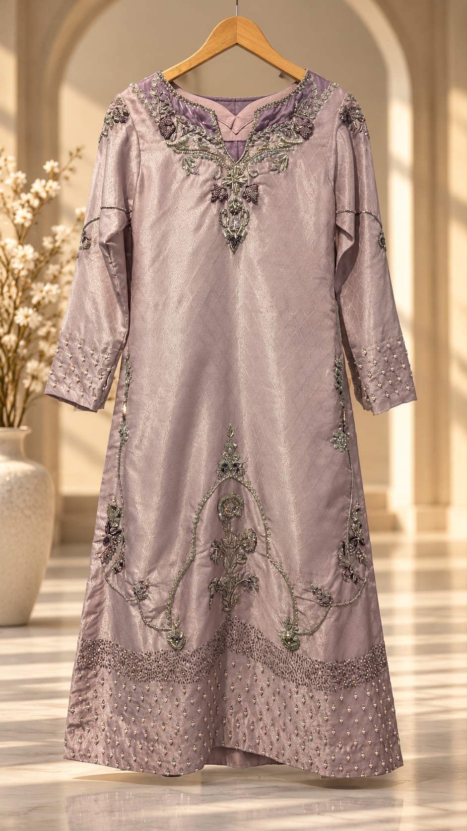 SANA NOOR lavender embroidered formal dress front