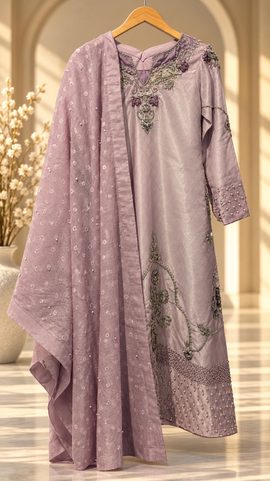 Lavender formal dress styled with matching dupatta