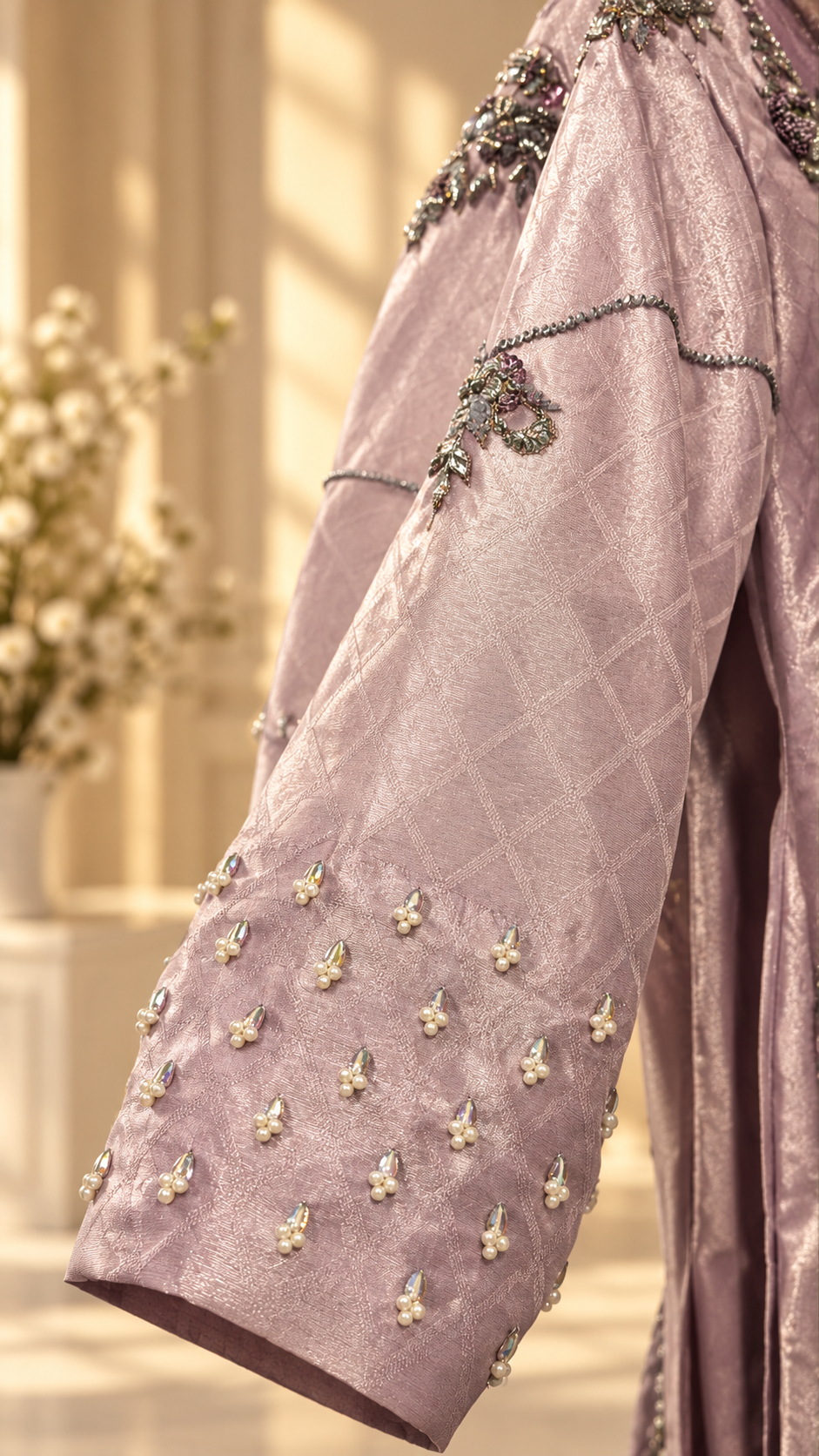 Closeup of lavender sleeve embellishment