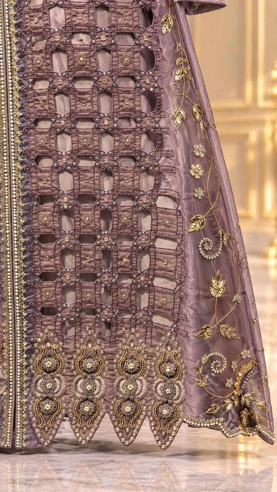 Close up mauve lavender formal lattice cutwork and scalloped embroidered hem