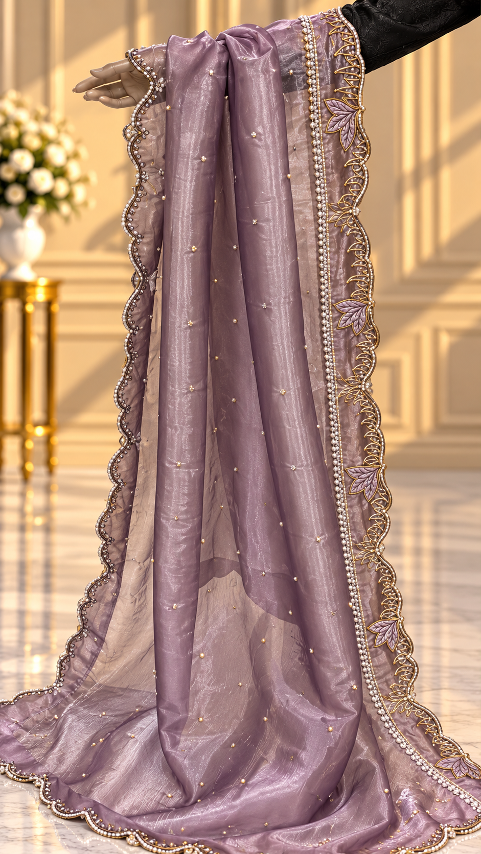 Mauve lavender sheer formal dupatta with embellished scallop border