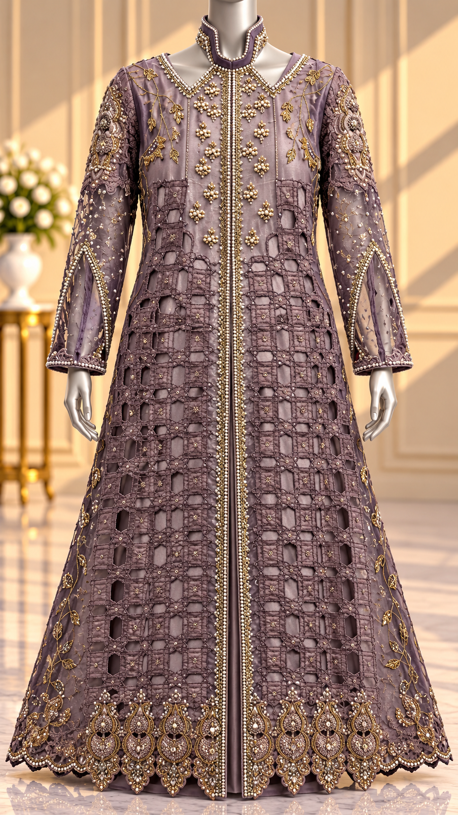 Mauve lavender detailed pearl and floral embellished long formal gown