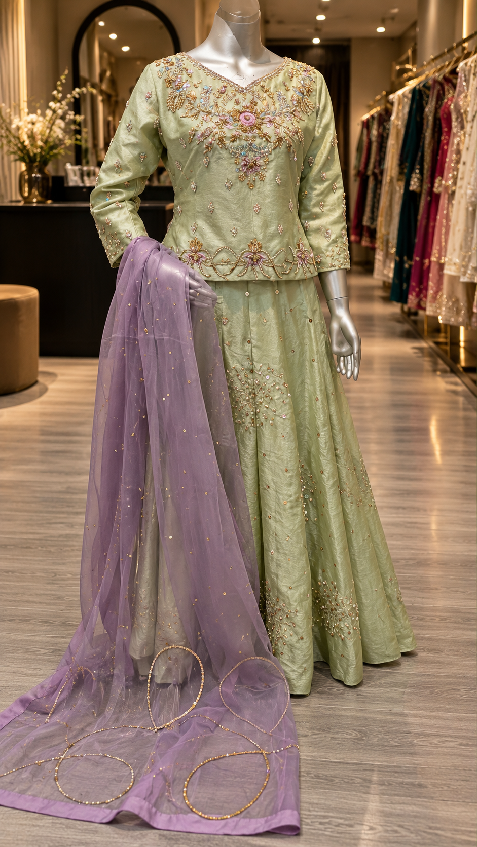 Sage green embellished lehenga dress full front view
