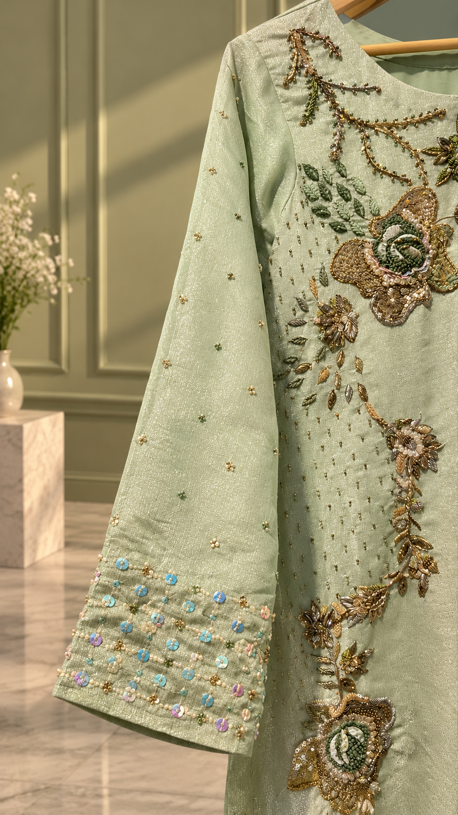 Mint green embroidered sleeve with multicolor sequin details
