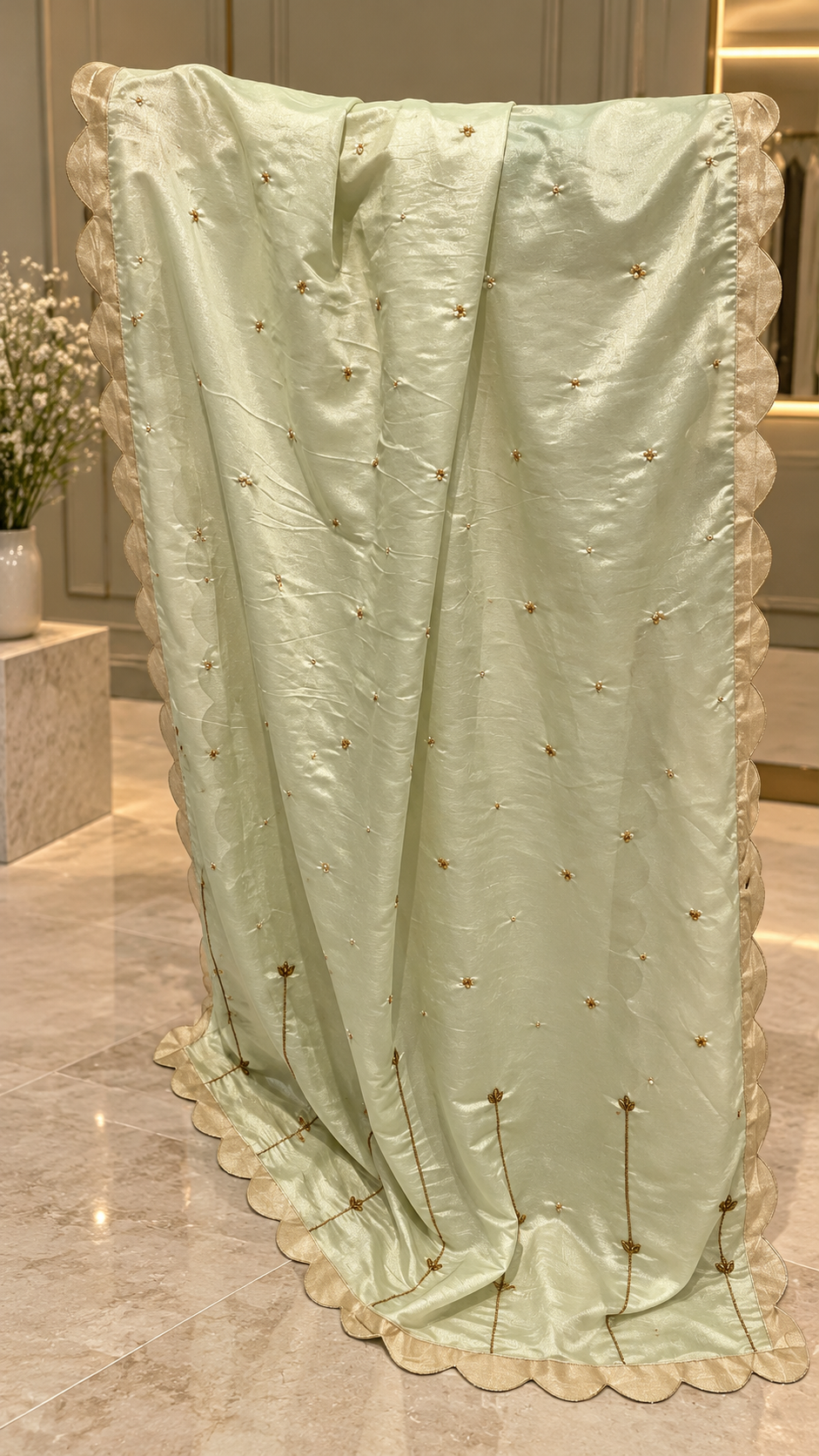 Sage mint dupatta scattered gold beads and scalloped gold border