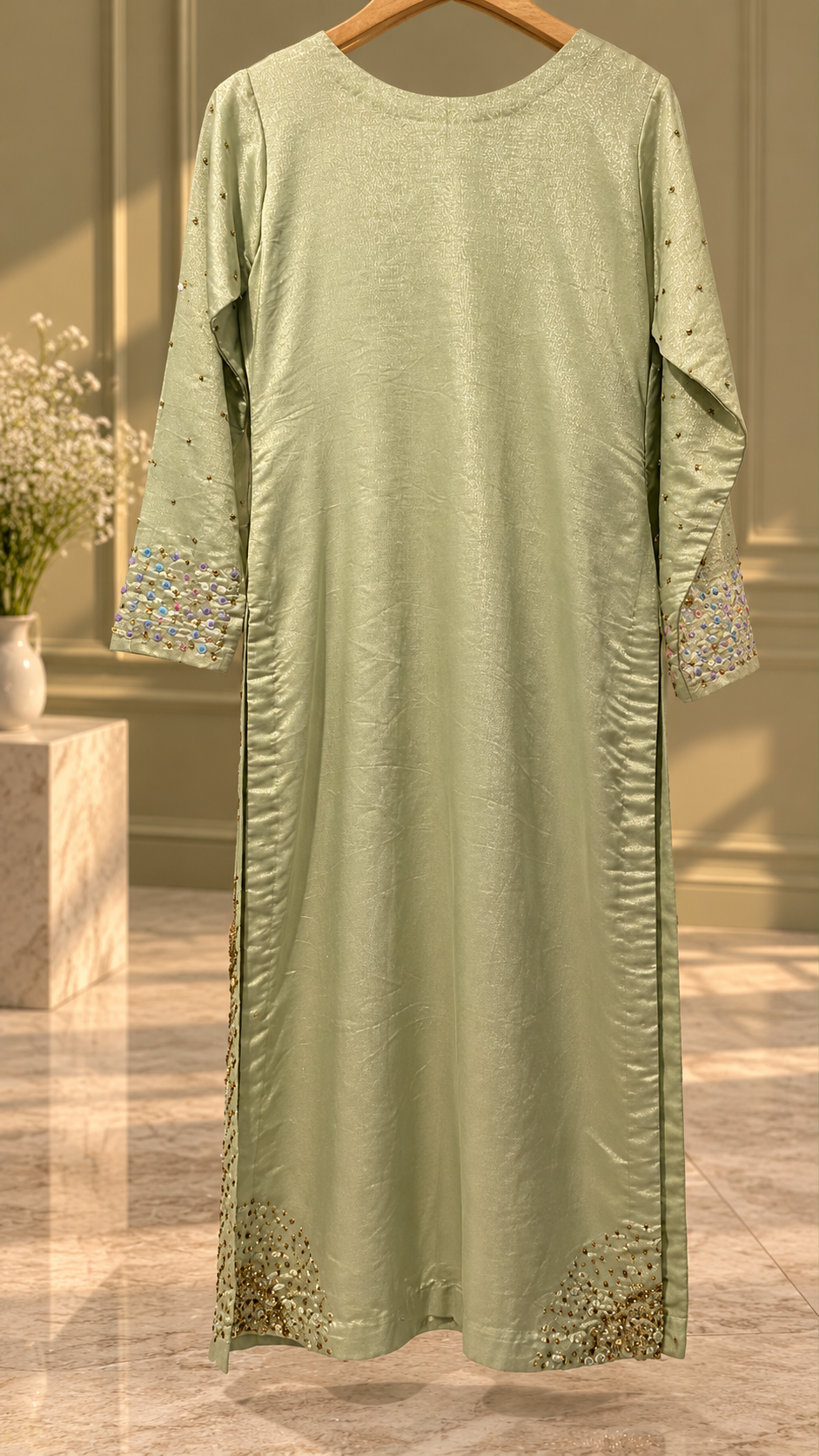 Sage mint green long formal shirt plain back and embroidered cuffs