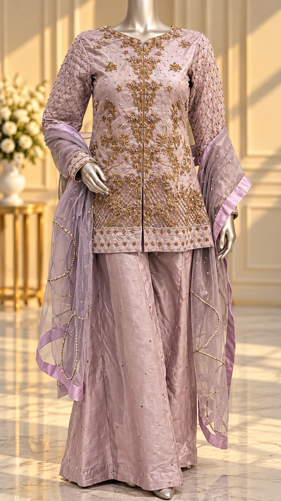 Lilac gold embellished Pakistani formal three piece look with dupatta