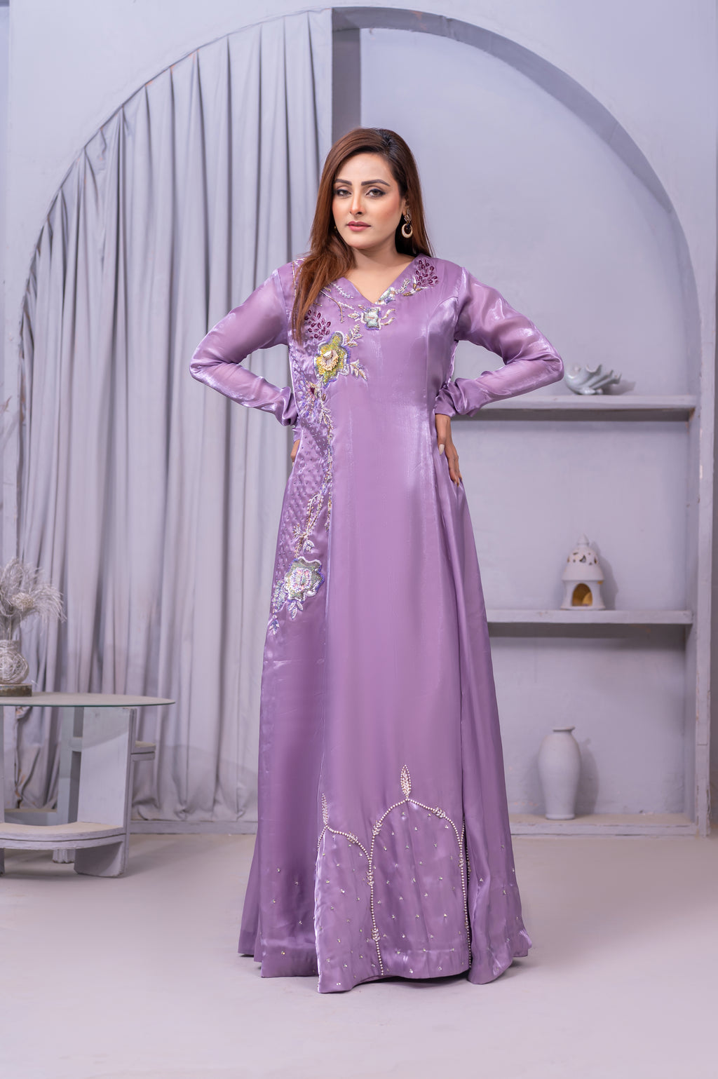 Lavender Luxe Embroidered Satin Maxi Dress for Women