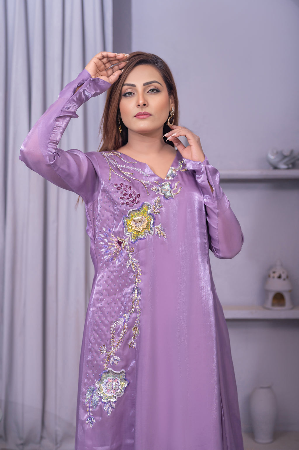 Lavender Luxe Embroidered Satin Maxi Dress for Women