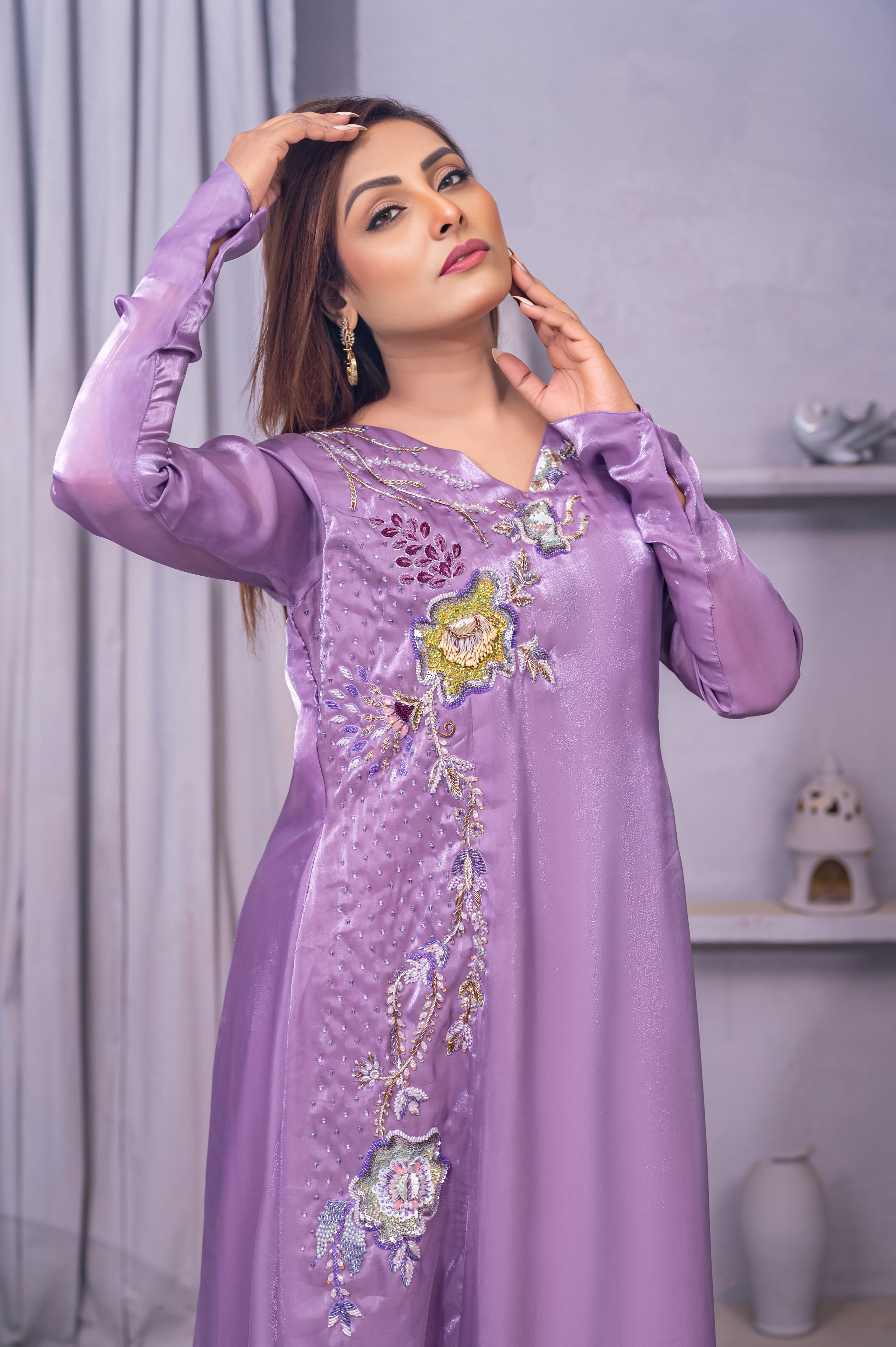 Lavender Luxe Embroidered Satin Maxi Dress for Women